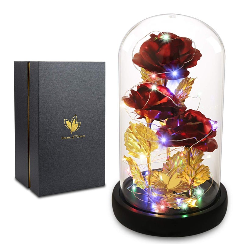 Dream of Flowers هدايا عيد الحب لها، هدية وردة من الجميلة والوحش، وردة مجرة مع 2 وضع إضاءة، وردة كريستالية ملونة في قبة زجاجية، هدايا للنساء للأم والزوجة والصديقة - Image 1